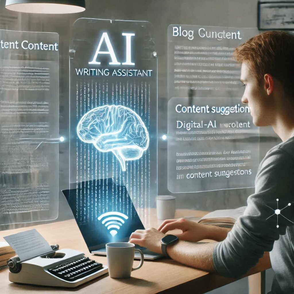 Human content creator working on a laptop alongside an AI writing assistant with holographic content, symbolizing collaboration in digital content creation
