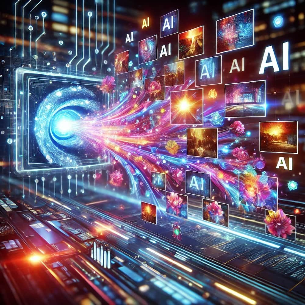 Futuristic AI interface converting text prompts into vibrant images and video clips with floating media panels and digital effects