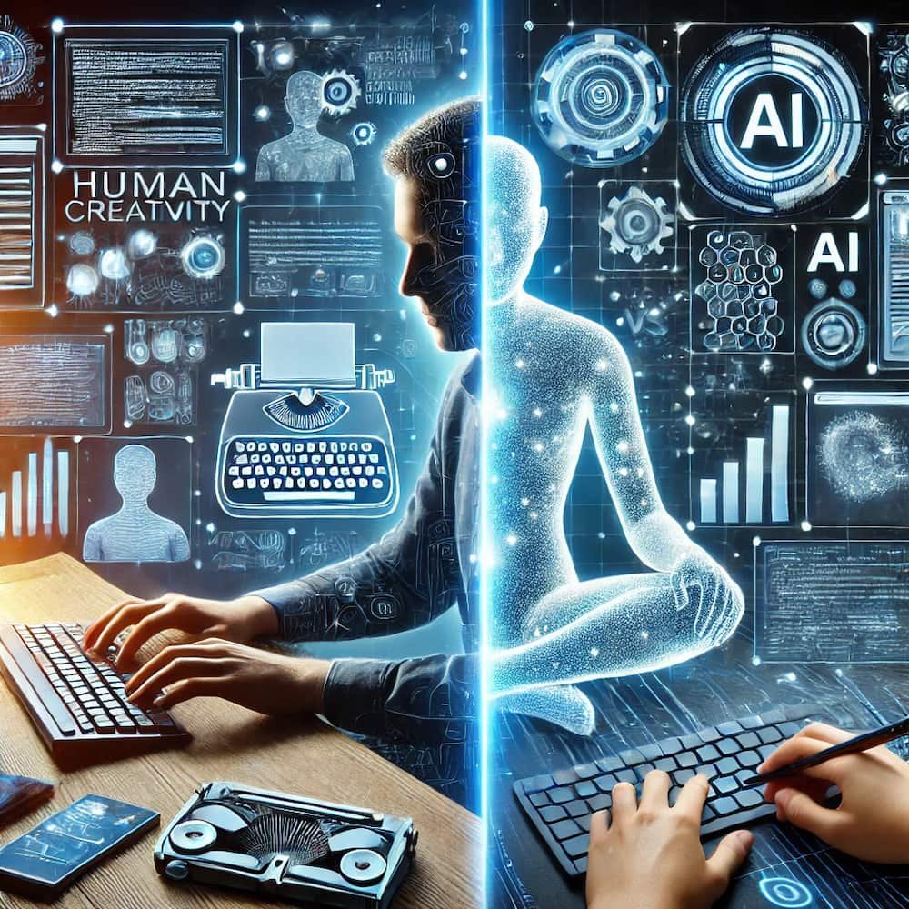 Split-screen showing a human content creator using traditional tools and an AI system generating content with holographic panels, symbolizing collaboration in digital content creation