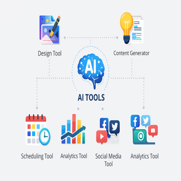 Infographic showing different AI tools for social media including design, content generation, analytics, and scheduling.