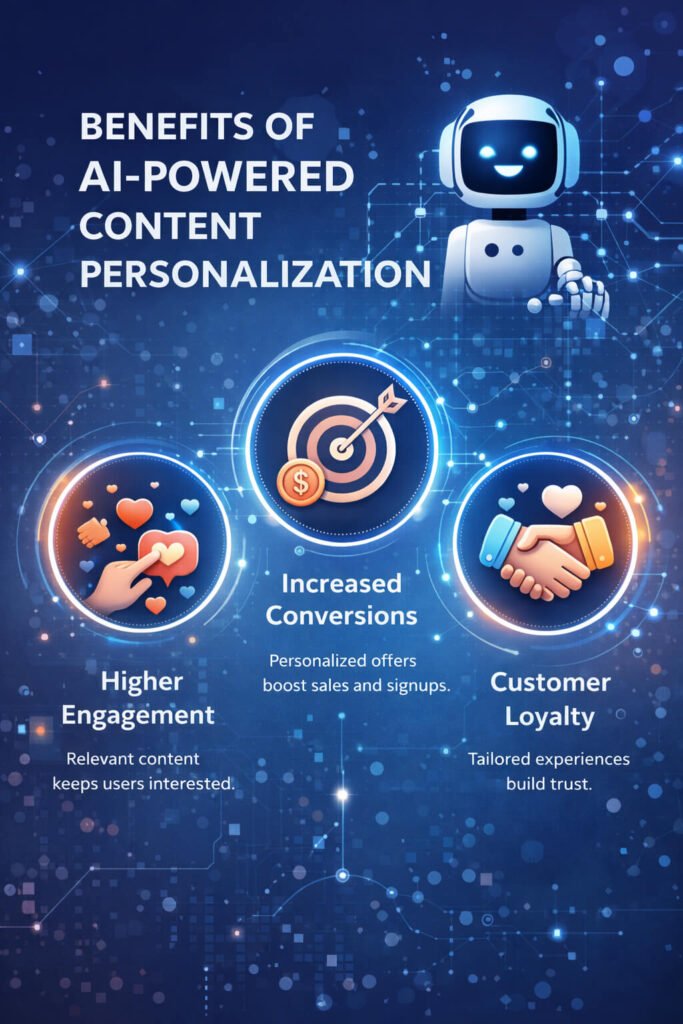 AI-powered content personalization benefits, with icons for higher engagement, increased conversions, and customer loyalty