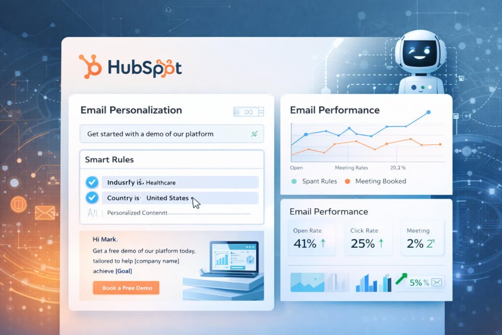 AI tools for content personalization.
HubSpot AI dashboard for email personalization with smart rules and performance metrics, featuring a robot mascot
