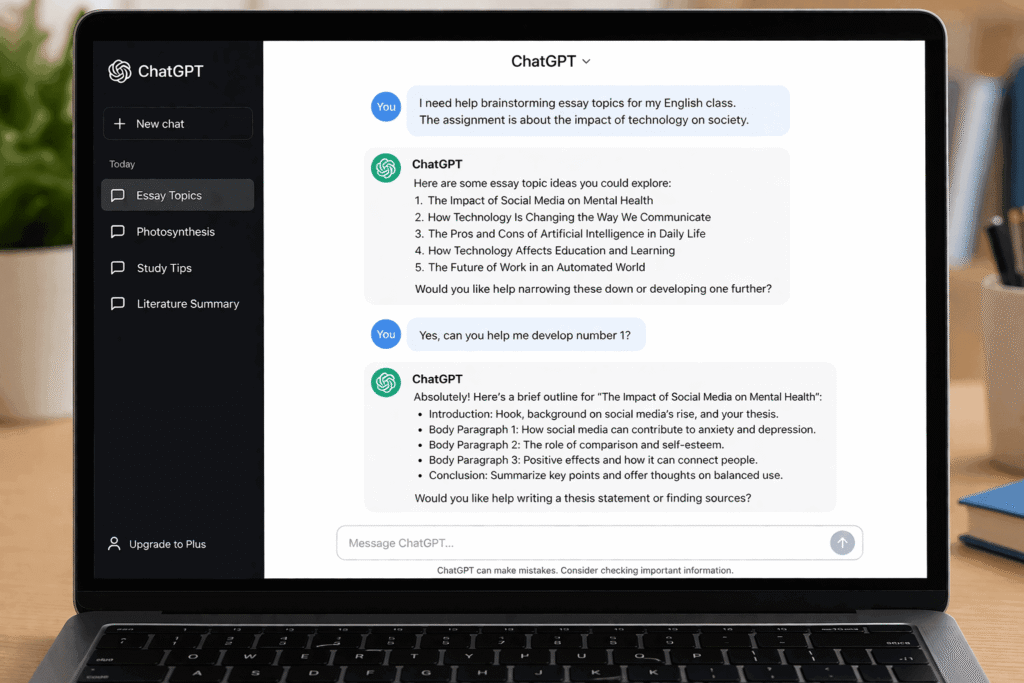 ChatGPT AI assisting a student with brainstorming and academic concept explanation.