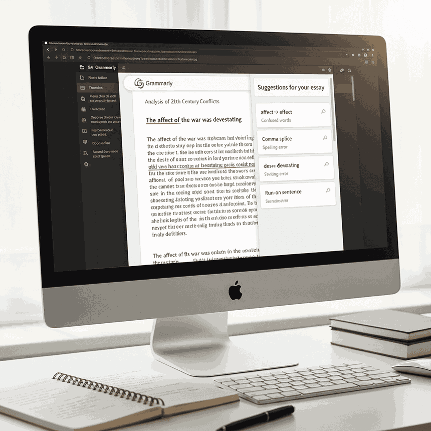 Grammarly interface highlighting grammar and spelling corrections in a student's essay.