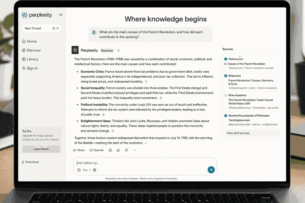 Perplexity AI synthesizing answers from multiple sources with clickable footnotes.
